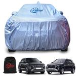 GARREGE®Metallic Silver Triple Coated Inner Soft Lining Cotton Waterproof Car Body Cover with Mirror Antena Pocket Blue Strap Style for Hyundai Creta,2021,2022,2023,2024 Cars (Box Printed Silver)