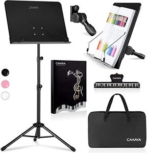 CAHAYA 5 in 1 Dual-use Sheet Music Stand & Desktop Book Stand Metal Portable Solid Back Height Adjustable from 31.4-57in with Book Stand Support, Carrying Bag, Sheet Music Folder and Clip