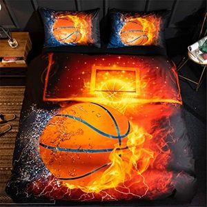 Mozeo 3D Basketball Fire Bedding Duvet Cover Set 3 Piece (1 Duvet Cover+2 Pillowcase) for Teen Boys Sports Microfiber Bedding Quilt (AU Queen Basketball Fire)