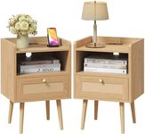 MECHYIN Night Stand Set of 2, Bedside Tables with Charging Station, Rattan End Tables, Bed Side Tables, Wood Nightstands Set of 2 for Small Space Farmhouse Kids' Room Bedroom Living Room Dorm Natural