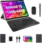 TUOHAITIME Android 15 Tablet, 12GB+64GB+1TB Expand, 10 Tablet Bundle with Keyboard Case, Stylus Pen, Octa-core CPU, Dual Camera, WiFi6, 6000mAh Battery+18W Fast Charge, Support Face Unlock,Black