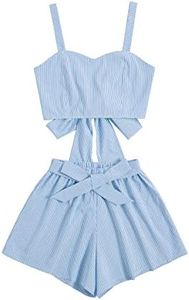 SweatyRocks Women's 2 Piece Outfits Summer Sleeveless Tie Back Crop Cami Top and Shorts Set Teal Blue S