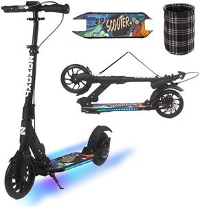 CUIOT Kick Scooter for Teens & Adults w/Light Up Deck, Adjustable Handlebar, Foldable Big Wheels Scooter, Commuter Adult Scooters with Hand Brake & Shock Absorption, Max Load 300 LBS,Blac