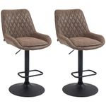 HOMCOM Breakfast Bar Stools Set of 2 with 51x40cm Wide Seat, Height Adjustable Kitchen Counter Chairs, Retro Swivel Upholstered Barstools with Back, Footrest and Steel Base, Coffee