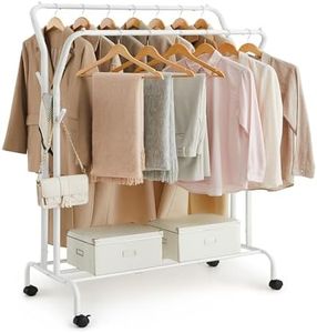 SONGMICS Clothes Rail, Clothes Rack, Double Clothes Hanging Rail, Heavy-Duty Metal Frame, with Wheels and Shelf, 100 kg Total Max. Load, 103.5 cm Wide, Clothing Storage, White HSR107W01