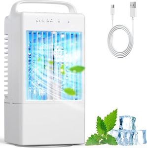 Portable Air Conditioner, 3 Speed Quiet Mini Air Cooler Personal Cooling Fan USB-Powered, 90° Oscillating 7-Color LED Night Light, 900ML, 4/9H Timer for Bedroom, Office, Camping, Car