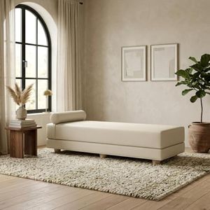 Jaxx Alon Daybed Deluxe Ultraleather - Fold-Out Sleeper Chaise with Memory Foam Queen-Size Mattress - Ultraleather Cream