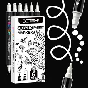 Betem 6 White Acrylic Paint Markers, Dual Tip Fabric Decorating Kits Premium Water-Based Acrylic Paint Pens for Fabric, Rock, Wood, Glass, Eggs, Canvas, Ceramic, Easter Basket Stuffers DIY Crafts