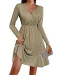 Zeagoo Womens Long Sleeve Glitter Dress Wrap V Neck Dress A Line Cocktail Party Swing Fit and Flare Skater Mini Dress Khaki