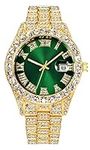 SENRUD Men's Diamond Watch Fashion Crystal Rhinestone Quartz Analog Watch Iced-Out Bracelet Wrist Watch, Gold Green, Analog Watch