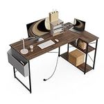 BEXEVUE Small L Shaped Desk with Power Outlets - 100x70 cm Corner Computer Desk Writing Table, Reversible Large Storage Shelves, Bookshelf Workstation for Study Play Work Bedroom Home Office Walnut