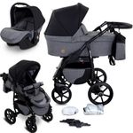 GaGaDumi Boston 3-in-1 Pram & Travel System - Lightweight Foldable Baby Pushchair & Buggy with Car Seat Rear & Forward Facing - Complete Set with Accessories Gray Jeans Black