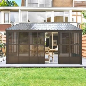 Domi 12x16FT Lean-to Sunroom, Wall Mounted Solarium with Galvanized Steel Sloping Roof, Moveable PVC Screen, Front Door&Side Sliding Door, Outdoor Permanent Gazebo Against Wall Sun Room for Patio Deck