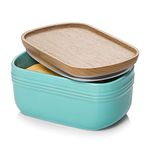 DOWAN Porcelain Butter Dish, Extra Large Butter Dish with Cover, Airtight Butter Dish with Wooden Lid, Farmhouse Butter Container for East West Coast Butter, Freezer Safe, Turquoise