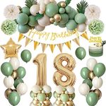 18th Birthday Decorations for Women Men, Thinbal Saga Green Birthday Party Decoration, 32In Foil 18th birthday balloons, Green Gold White Balloons Happy Birthday Banner,Pom Poms for 18 Birthday Deco