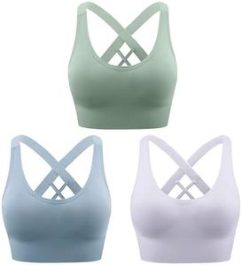 Heersan Women's Sports Bra, Push Up Sports Bra Without Underwire, Crossback, Seamless Strong Hold Sports Bra with Removable Padded for Fitness, Running, Jogging, Yoga, 3 PiecesWhite+Grey Blue+Light