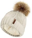 TOSKATOK Ladies Chunky Soft Cable Knit Hat with Cosy Fleece Liner and Detachable Faux Fur Pompom-Natural