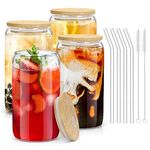 sungwoo Glass Cups with Bamboo Lids and Straws, 16OZ Ice Coffee Cup, Drinking Cup Set with Wooden Lids, Home Essential Glass Tumblers for Beer, Cocktail, Tea and Latte Clear (4)