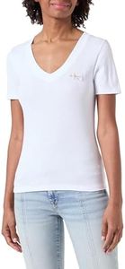 Calvin Klein Jeans Camiseta de Manga Corta Mujer Woven Label Rib V-Neck Cuello de Pico, Blanco (Bright White), XL