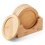 Joejis Set of 6 Wooden Coasters with Holder - 9cm Bamboo Coasters Heat & Water Resistant Drink Coasters to Prevent Burns or Water Rings