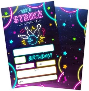 bxtala Strike Up Some Fun Birthday Invitations Card, Bowling Birthday Party Invitations for Boy Girl, Neon Glow Bowling Birthday Party Celebration Supplies, 20 Invitations with Envelopes -A13