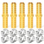 ERGAOBOY 5 Pcs 8mm Brass Hose Barb Connector, 2 Way Straight Hose Fitting with 10 Pcs Clamps