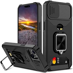 for iPhone 14 Case& iPhone 13 Case with Card Holder,rojarou Apple iPhone 13 Case with [Slide Camera Cover] 360° Rotate Ring Kickstand Heavy Duty Protective Phone Case for iPhone 14/iPhone 13,Black