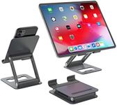 Minthouz Adjustable & Foldable Tablet Stand, Multi-Angle/Height Adjustable, Compact Aluminum Mobile Phones/E-Readers/ Tablets/ Ultrabooks Desk Holder Stand, with Anti-Slip Pads & Convenient Charging Port, Compatible with iPad Air Mini Pro, Samsung Tablets, Kindle, iPhone 13 Pro Max Mini 12 11 and more (4.7 -12.9 inches)- Gray