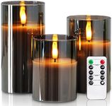 Homemory Grey Glass Flameless Candles, Battery Operated LED Pillar Candles with Remote Control and Timer, Radiance Candles, Real Wax, D3 xH4 5" 6", Set of 3