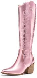DREAM PAIRS Womens Cowboy Boots Comfortable Pull On Zipper Chunky Heel Pointed Toe Embroidered Western Cowgirl Knee High Boots Girls Ladies Retro Tall Boot,Size 5.5,Metallic Pink,SDKB224W