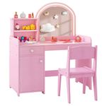 Costzon Kids Vanity with Lights, 2 in 1 Princess Makeup Desk & Chair Set w/Lighted Mirror, Drawer, Storage Shelves & Cabinet, Toddler Dressing Table, Pretend Play Vanity Set for Little Girls (Pink)