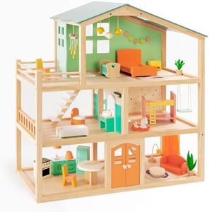 Large Wooden Dollhouse for Girls with 32 Pcs Furniture Accessories, 3-Story Dream Doll House 5 Rooms Balcony Wooden Stairs, Ideal Dollhouse Playset Toy for Kids Ages 3+, 30" x 28" x 13"