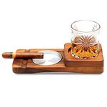 Whiskey Glass Tray and Cigar Ashtray, Valentine Gift for Him, Rustic Wooden Cigar Tray, Cigar Accessory Set Gift for Men, Father & Grandfather, Glass Not Included (Square)