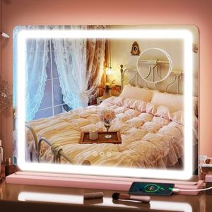 FENNIO 23" x 18" Vanity Mirror with Lights,LED Makeup Mirror,Hollywood Mirror with 3 Color Modes & Adjustable Brightness,Vanity Mirror Pink