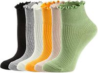 Mcool Mary Womens Socks, Ruffle Turn-Cuff Casual Ankle Socks Cool Thin Cotton Knit Lettuce Low Cut Frilly Sock 6 Pack, 6colors (Green + Pink + Yellow + White + Gray + Black), 5-9