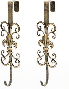 Jemeni 2 Pack 16" Wreath Hanger for Front Door, Metal Over The Door Wreath Hook, Fleur De Lis and Scroll Design, Antique Gold