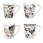 Invero Set of 4 Kitchen Vintage Printed Design Stoneware Mugs Cups 10.5oz - Ideal for Tea, Coffee, Latte, Hot Chocolate, Gifts and More