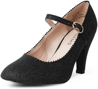 J. Adams Honey Heels for Women - Round Toe Scalloped Edge Retro Mary Jane Pumps - Vintage Mary Jane Heels for Women, Fine Black Glitter, 9