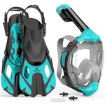 EMSINA-Full Face Snorkel Mask fins Set for Adults and Kids, Upgrade Dry Top Breathing System-New flowtech Design- Foldable Panoramic View, Anti Leak&Fog_TurquoiseL/XL