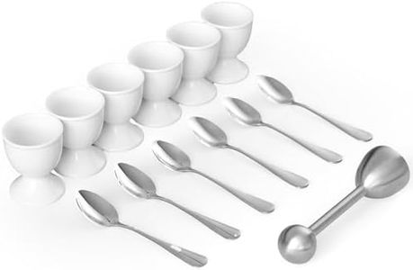 Cinf White Ceramic Egg Cups & Cracker Set | Set of 6 Ceramic Egg Cups + 6 SS Spoons + 1 Egg Topper Breakfast Boiled Cooking Easy to Clean Childhood Memories Kitchen