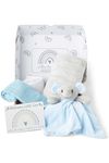 Baby Box Shop - 5 Newborn Essentials Ideal as Baby Shower Gifts & Christening Gifts for Boys, Includes a Blue Elephant Baby Comforter, Fleece Blanket, 2X Muslin Cloths & Gift Message Card