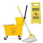 35Qt Commercial Mop Bucket with Side Press Wringer on Wheels, Yellow, Industrial Floor Cleaning Set, Including Wet Floor Caution Sign and Mop