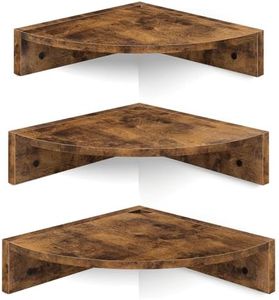 Homode Corner Shelf Wall Mount, Set of 3 Floating Corner Shelves with Cord Hole, 3 Tier Wood Wall Display Shelf, Storage for Bathroom Living Room Kitchen Bedroom, Rustic Brown and Black