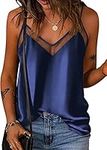 Ekouaer Satin Mesh V Neck Tank Top Women Cami Top Silk Camisole Casual Blouse