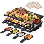 2-in-1 Raclette Grill 8 Personen Indoor Electric Grill 8 Mini Non Stick Pan for Raclette Cheese Dishes Cooking Party Kitchen Cooker Health Electric BBQ Griddle 1 Reversible Plate 8 Spatula 1300W