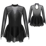 iEFiEL Kids Girls Mesh Splice Figure Ice Skating Dress Gymnastics Ballet Dance Leotard Competition Costume Tutu Skirt Black 13-14 Years