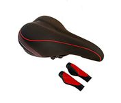 Shrenik Cycle Seat Bicycle Grip Handle || Soft PU Form Complete Saddle || Non Toxic Soft Handle Grip Set || MTB Mountain City Bikes Senior/Junior Black-Red Color Combination