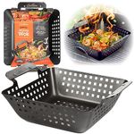 Camerons Grill Basket- Heavy Duty Non-Stick BBQ Barbecue Grilling Wok with Stainless Steel Handles for Meat, Vegetables, and Seafood (8.5" x 8.5")- 3 Inch Deep Basket!