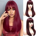 BESTUNG 20 Inches Long Dark Red Straight Ombre Wigs for Women Synthetic Full Hair Natural Fashion Wig with Bangs Fringe for Cosplay Costume or Daily Life (burgundy)