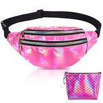 Holographic Waist Bag, Fashion Bum Bags with Coin Purse 3 Zip Pockets Waterproof Fanny Pack for Women Men Travel Hiking (Rose)